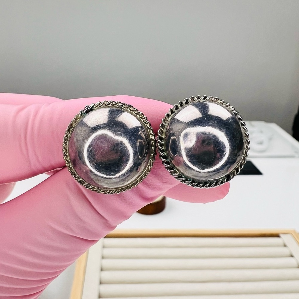 Vintage Sterling Silver Large Round Stud Earrings